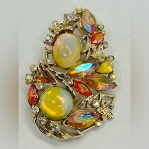 Vintage Amber Rhinestone Moonstone Brooch AB Sparkle Statement Autumn Estate